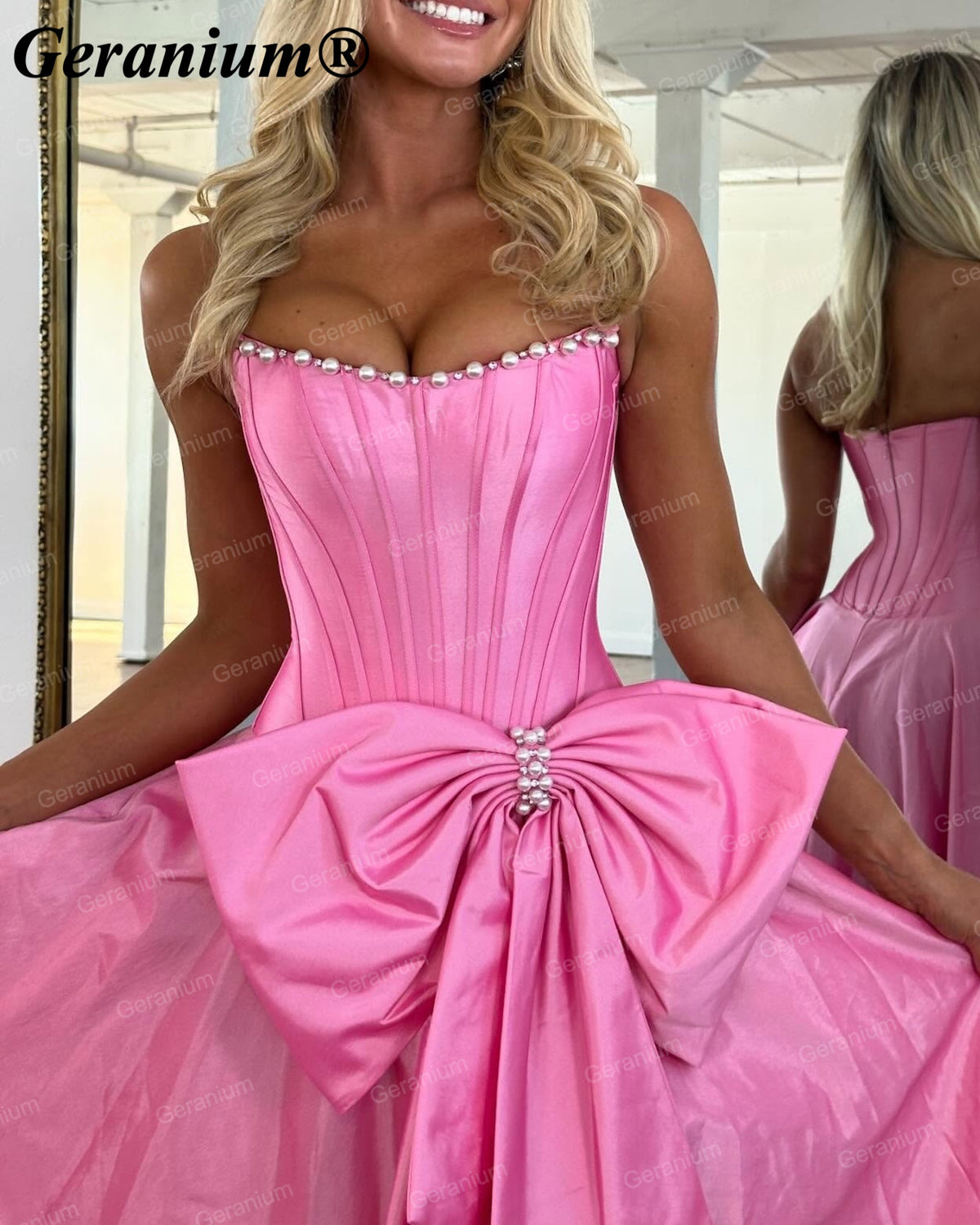 Geranium Strapless Pearl Corset Ball Gown Prom Dress with Oversized Bow – GER719P