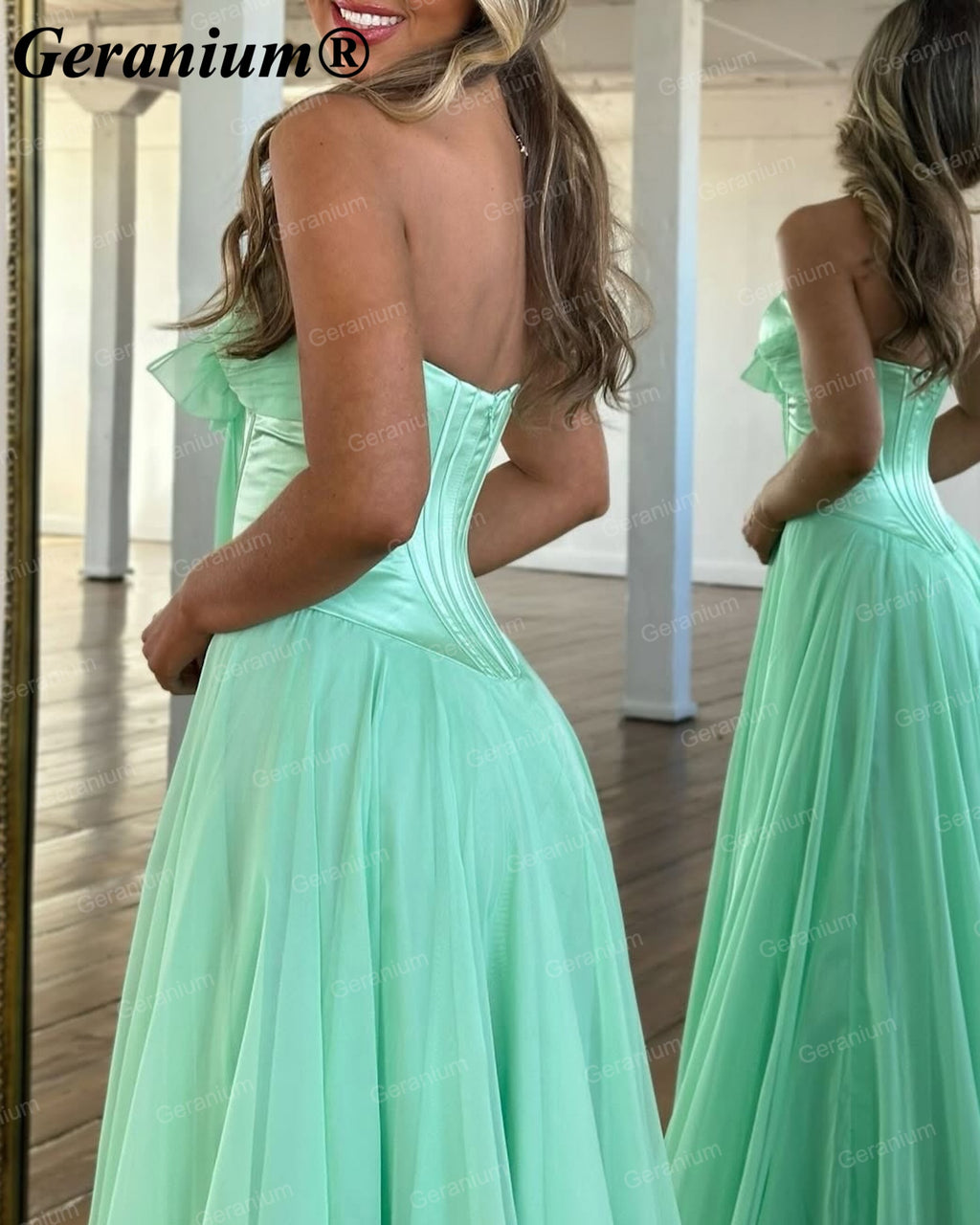 Geranium Strapless Bow Chiffon A-Line Prom Dress with Slit – GER718P