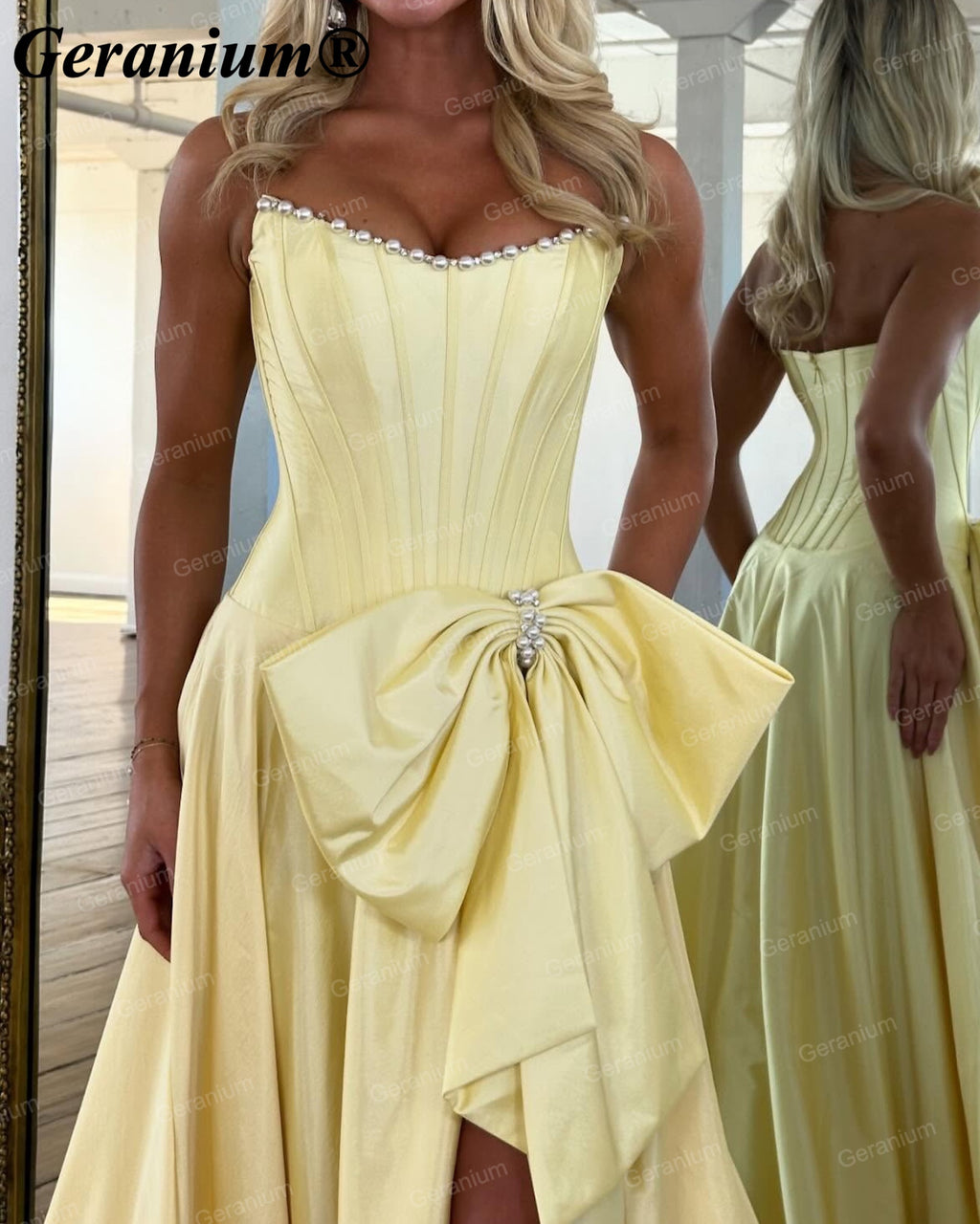 Geranium Strapless Pearl Corset Ball Gown Prom Dress with Oversized Bow – GER719P