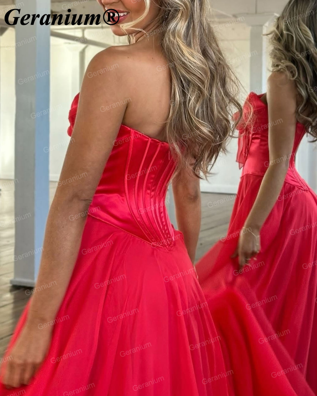 Geranium Strapless Bow Chiffon A-Line Prom Dress with Slit – GER718P