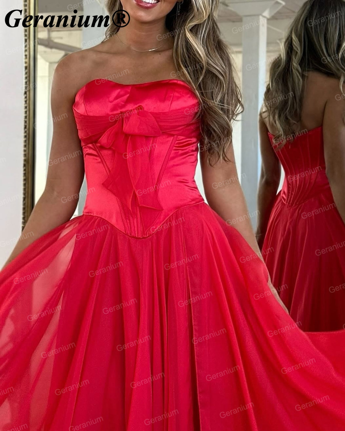 Geranium Strapless Bow Chiffon A-Line Prom Dress with Slit – GER718P