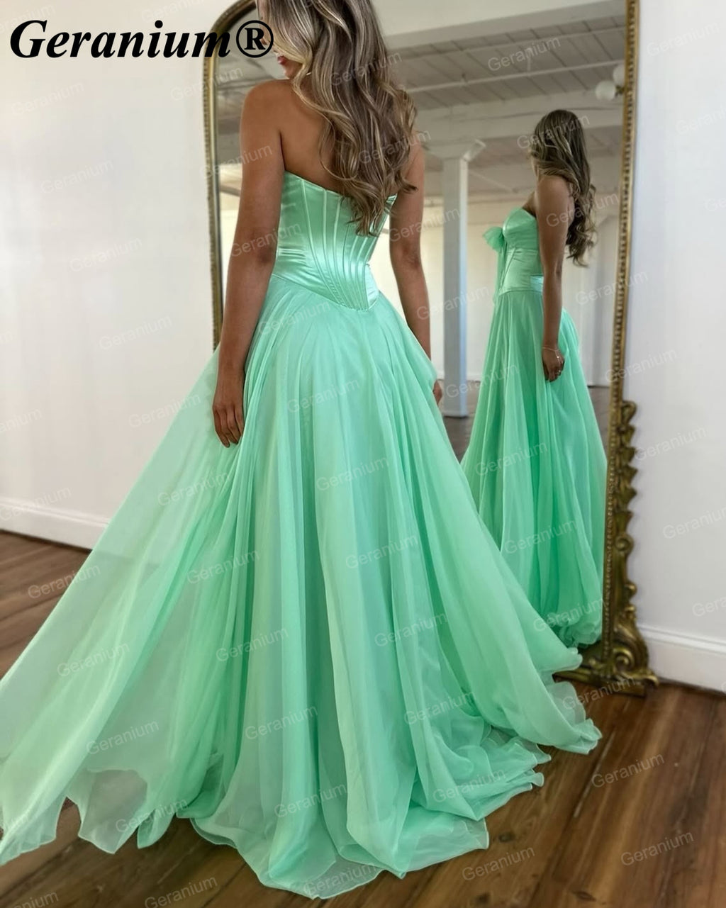 Geranium Strapless Bow Chiffon A-Line Prom Dress with Slit – GER718P