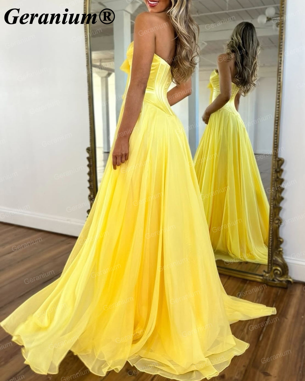 Geranium Strapless Bow Chiffon A-Line Prom Dress with Slit – GER718P