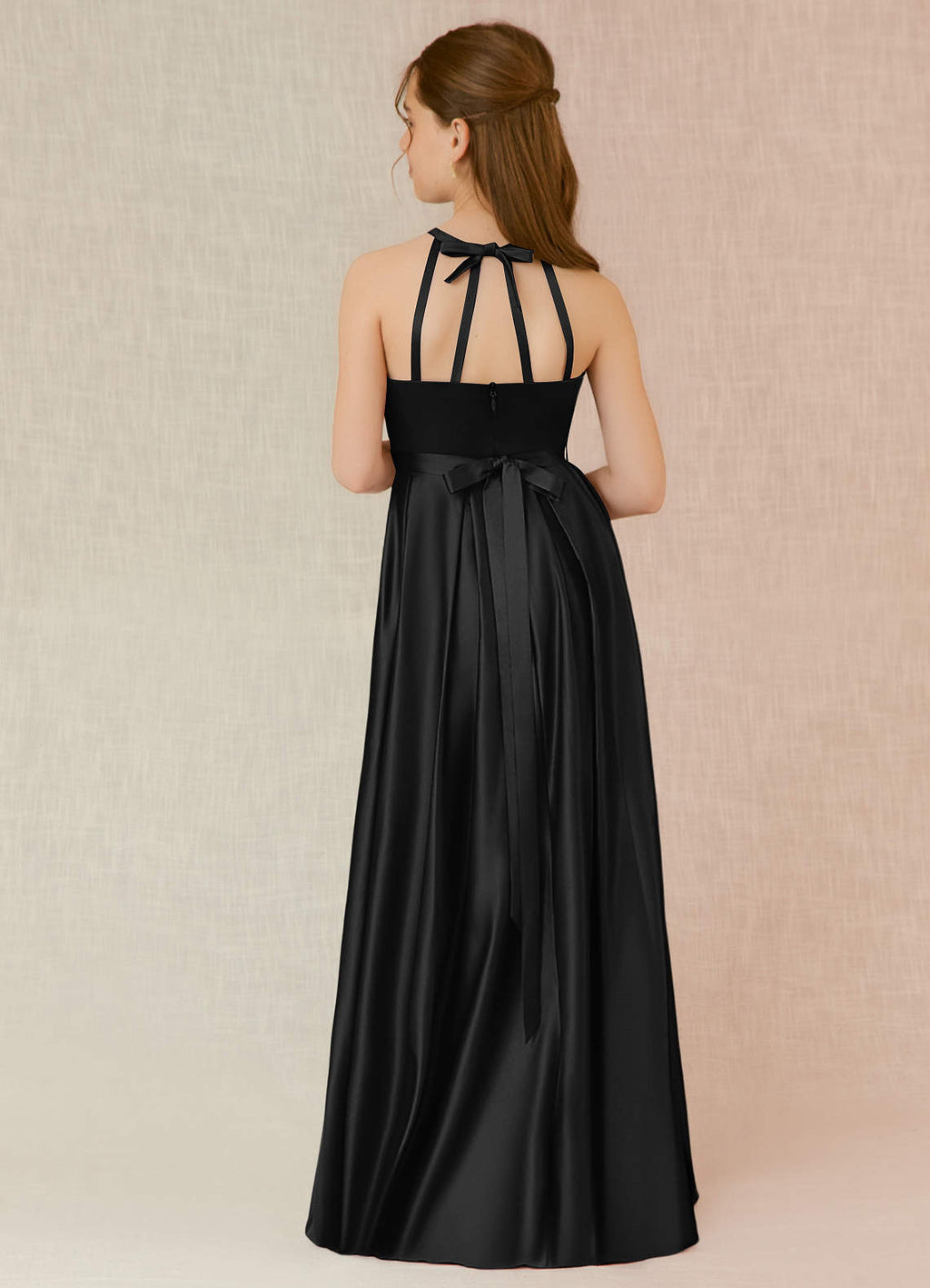Geranium Elegant Black Halter Neck Satin A-Line Maxi Dress with Pockets & Bow Back KD-97