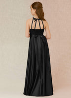 Geranium Elegant Black Halter Neck Satin A-Line Maxi Dress with Pockets & Bow Back KD-97