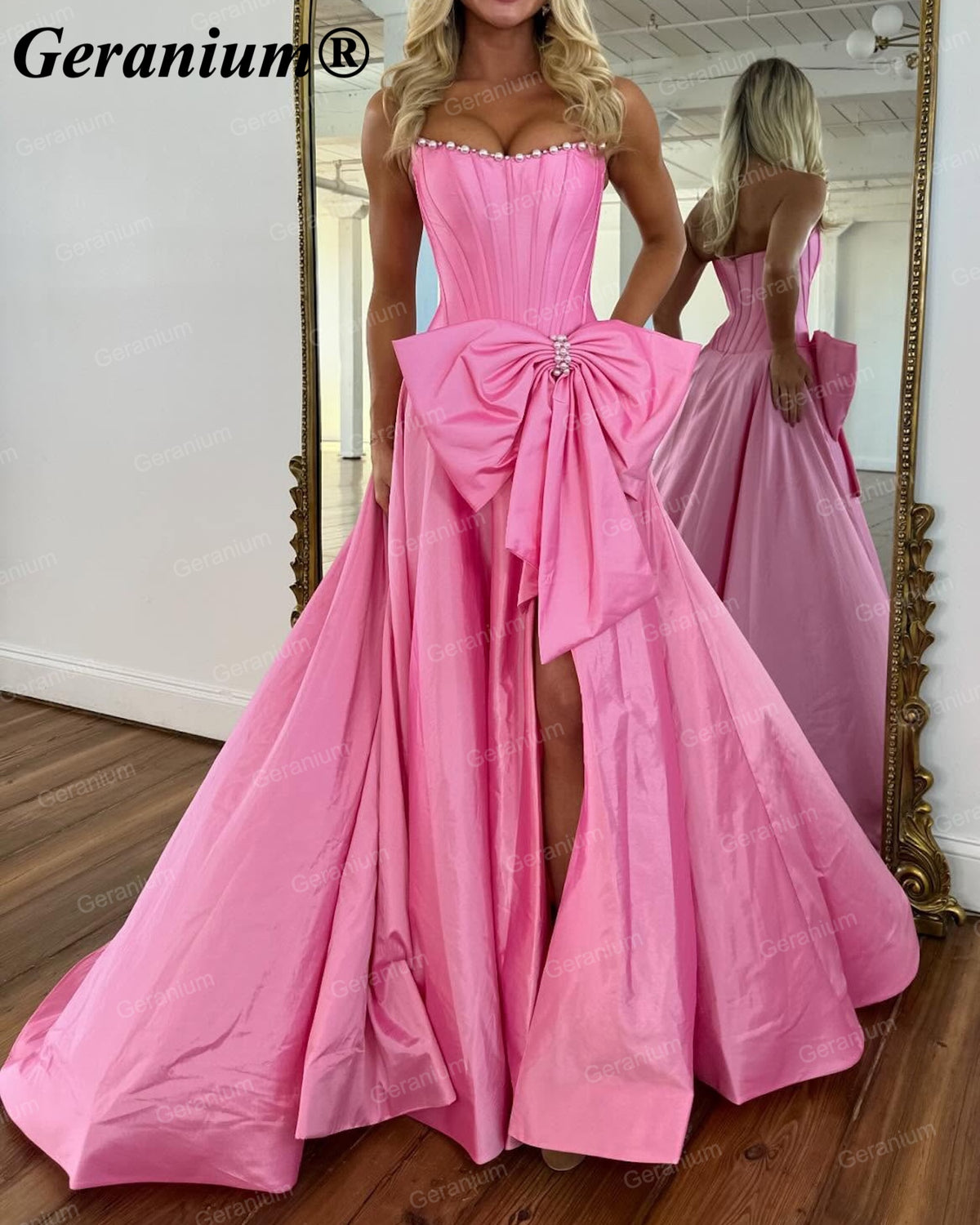 Geranium Strapless Pearl Corset Ball Gown Prom Dress with Oversized Bow – GER719P
