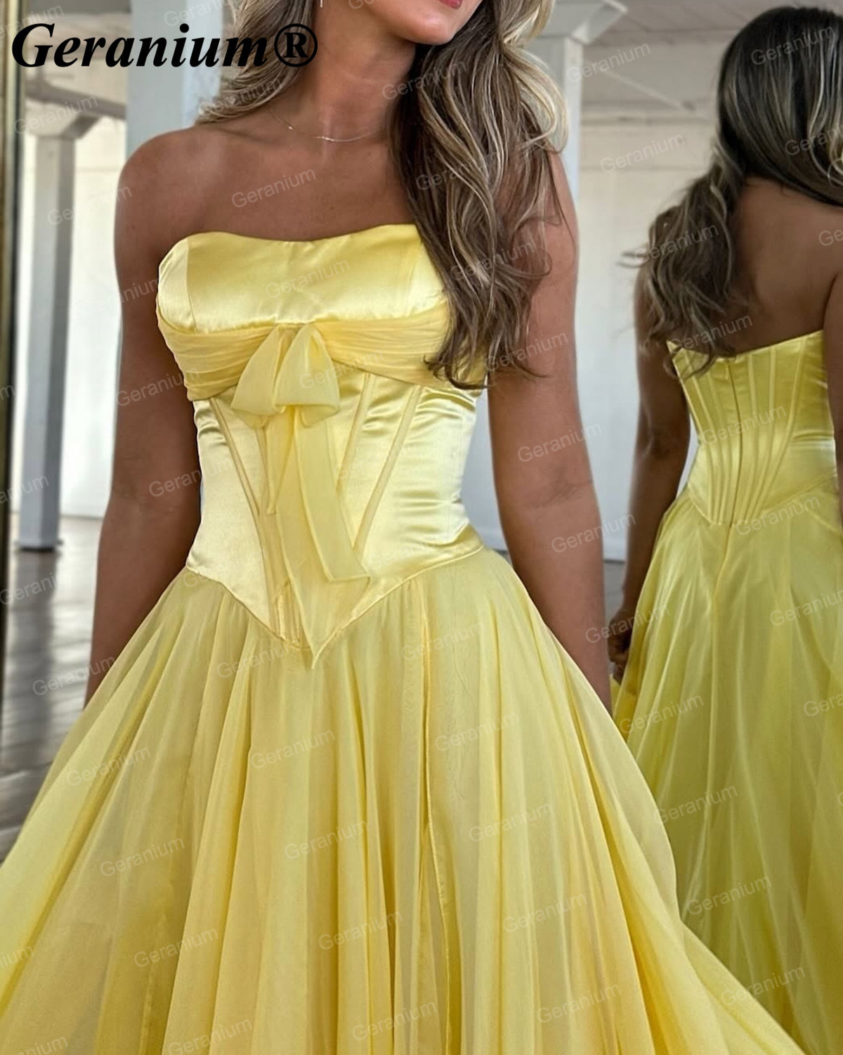 Geranium Strapless Bow Chiffon A-Line Prom Dress with Slit – GER718P