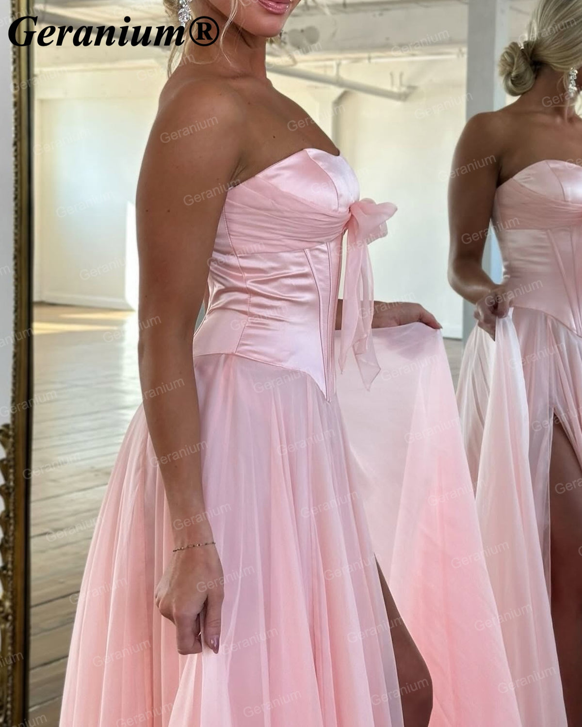 Geranium Strapless Bow Chiffon A-Line Prom Dress with Slit – GER718P