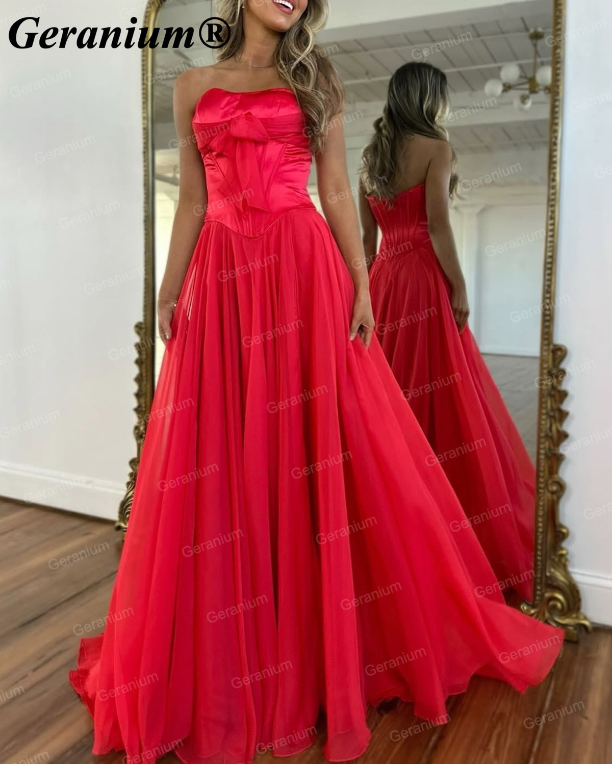 Geranium Strapless Bow Chiffon A-Line Prom Dress with Slit – GER718P