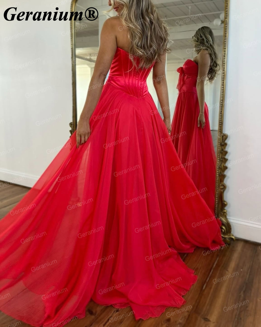 Geranium Strapless Bow Chiffon A-Line Prom Dress with Slit – GER718P