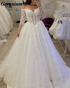 Geranium Off-the-Shoulder Lace Long Sleeve Ball Gown Wedding Dress – GER45
