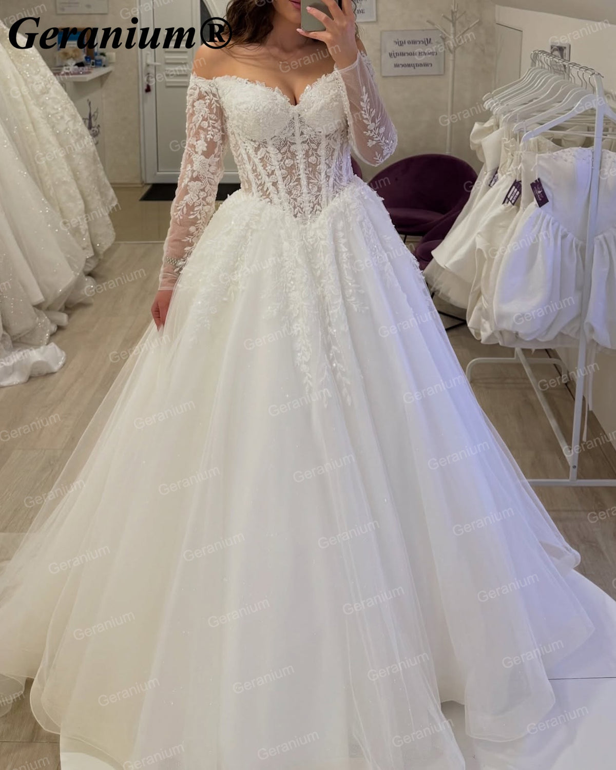 Geranium Off-the-Shoulder Lace Long Sleeve Ball Gown Wedding Dress – GER45