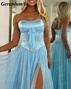 Geranium Strapless Bow Chiffon A-Line Prom Dress with Slit – GER718P