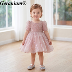 Geranium Sparkling Dusty Rose Sequin Toddler Party Dress - Heuloria Princess Tutu with Puff Sleeves KD-32