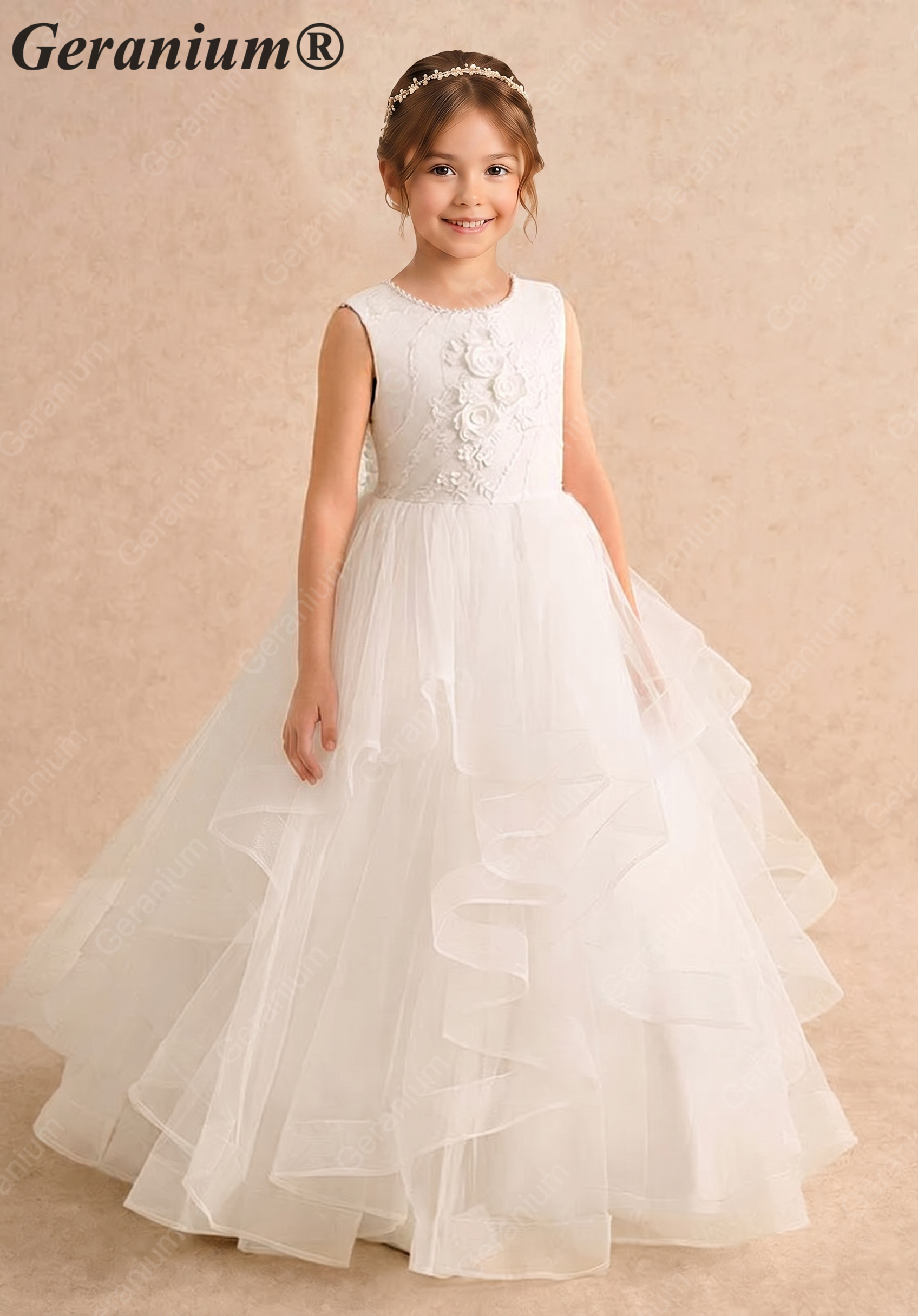 Geranium Elegant Pearl Back Tiered Tulle Flower Girl Dress - Luxury Communion & Birthday Ball Gown KD-279 Secondary image
