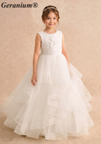 Geranium Elegant Pearl Back Tiered Tulle Flower Girl Dress - Luxury Communion & Birthday Ball Gown KD-279