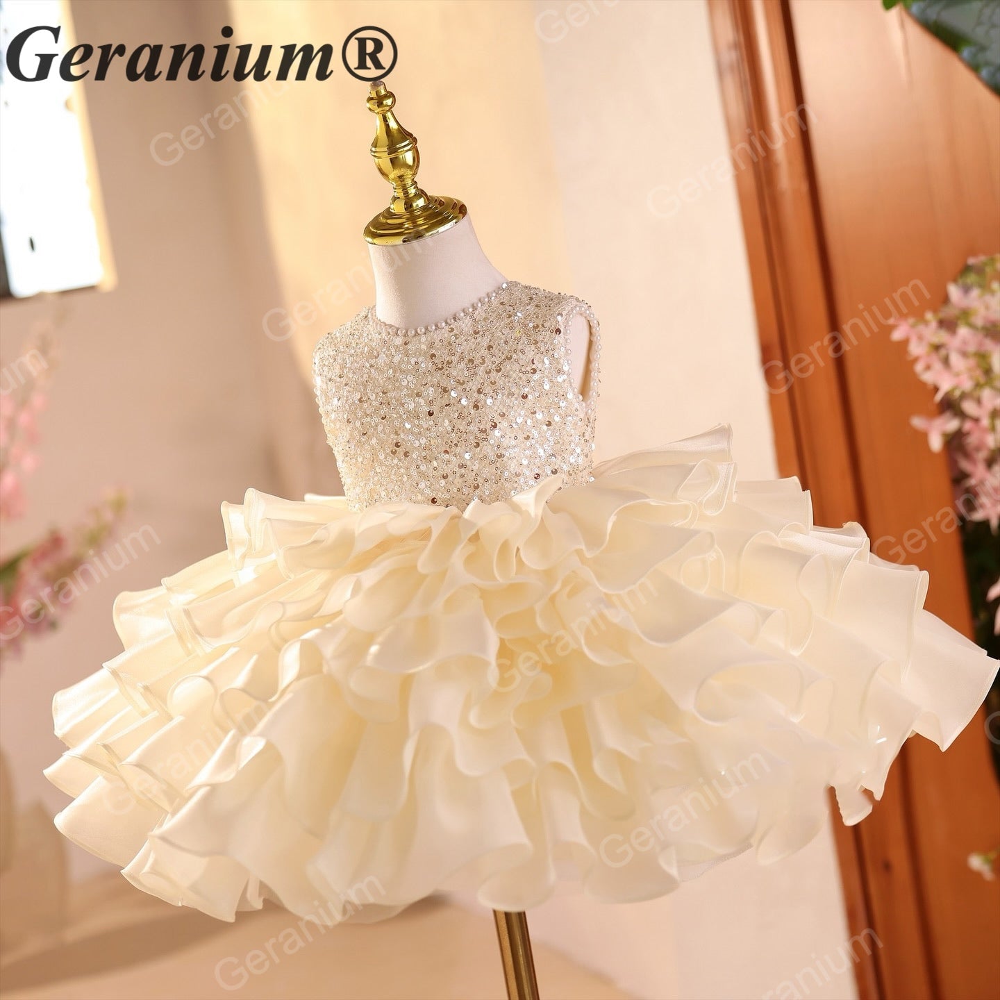 Geranium Sparkling Sequin Flower Girl Dress with Oversized Back Bow - Tiered Ruffle Tutu Princess Gown for Weddings & Birthdays KD-373