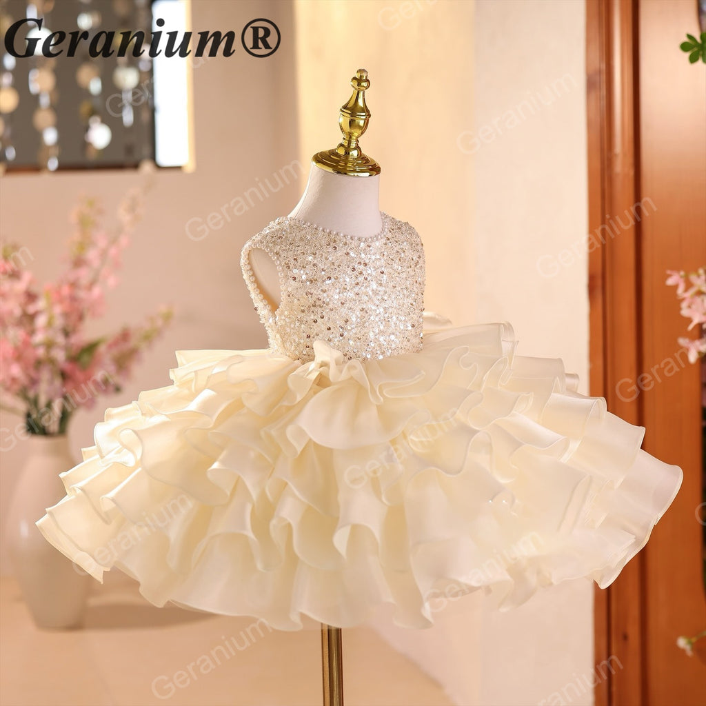 Geranium Sparkling Sequin Flower Girl Dress with Oversized Back Bow - Tiered Ruffle Tutu Princess Gown for Weddings & Birthdays KD-373