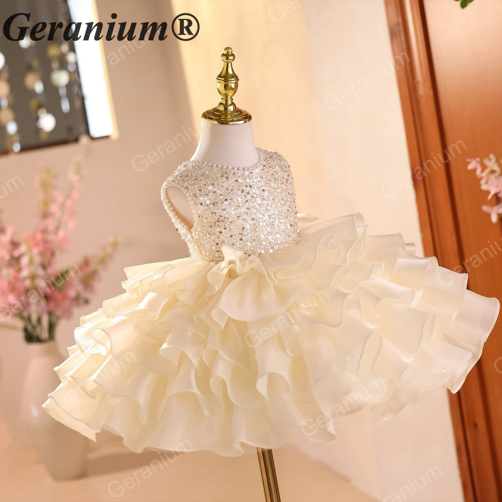 Geranium Sparkling Sequin Flower Girl Dress with Oversized Back Bow - Tiered Ruffle Tutu Princess Gown for Weddings & Birthdays KD-373