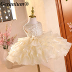 Geranium Sparkling Sequin Flower Girl Dress with Oversized Back Bow - Tiered Ruffle Tutu Princess Gown for Weddings & Birthdays KD-373