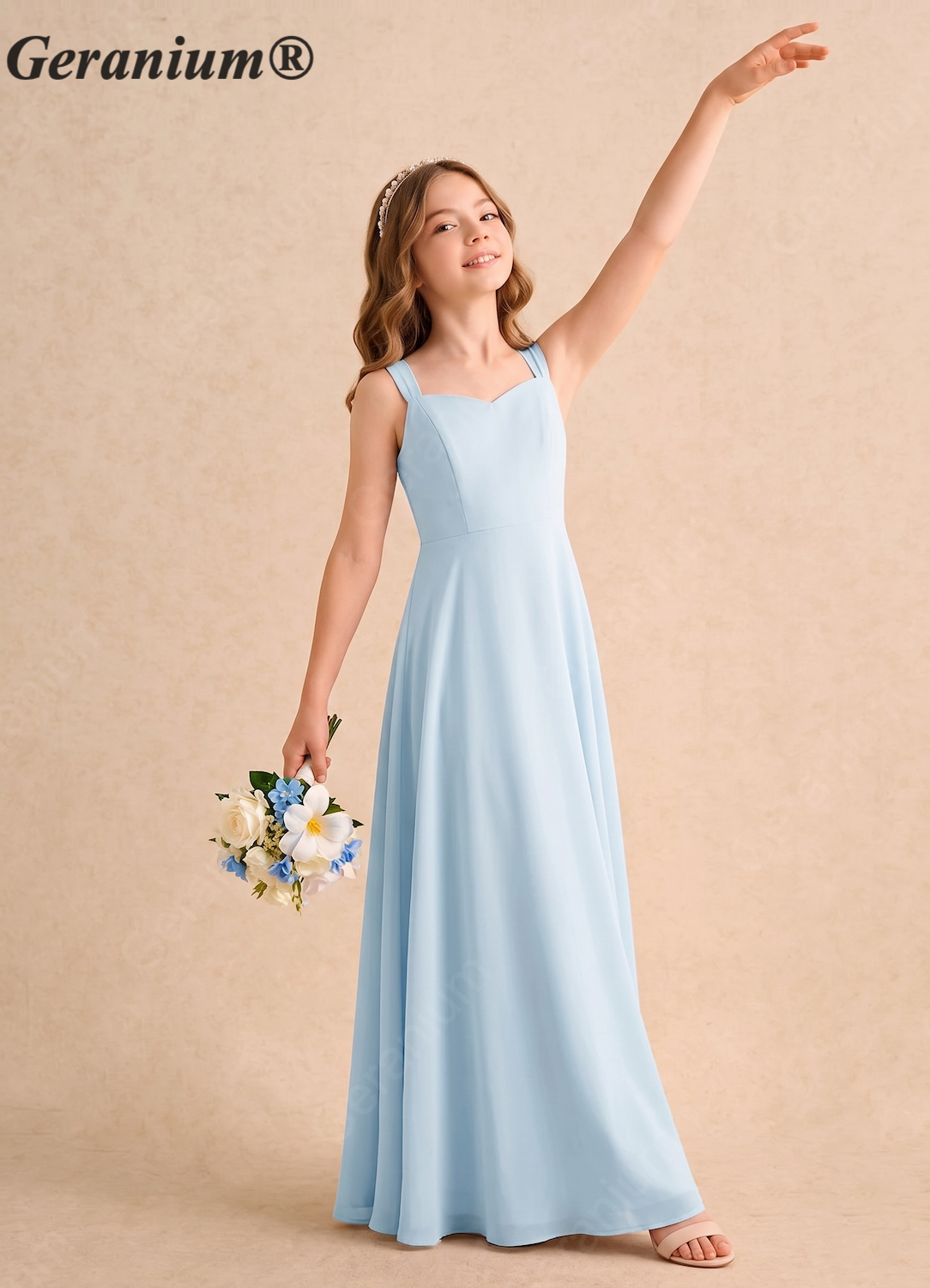 Geranium Elegant Light Blue Chiffon A-Line Junior Bridesmaid Dress with Sweetheart Neckline KD-163