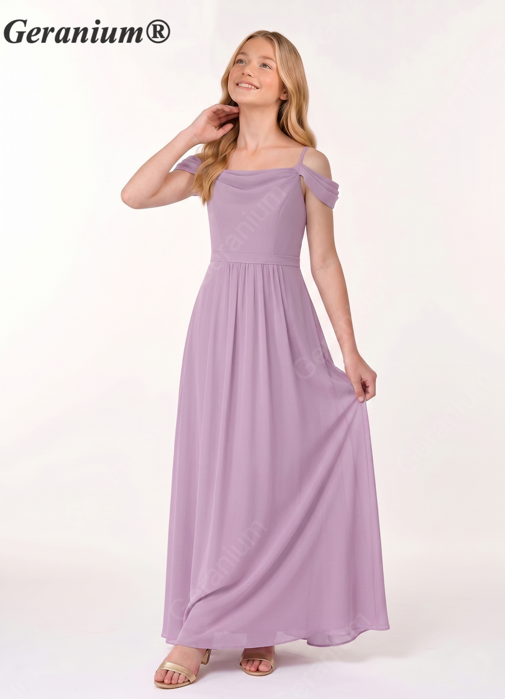 Geranium Junior Lavender Chiffon Off-Shoulder Bridesmaid Dress – A-Line Floor Length KD-58