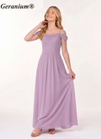 Geranium Junior Lavender Chiffon Off-Shoulder Bridesmaid Dress – A-Line Floor Length KD-58