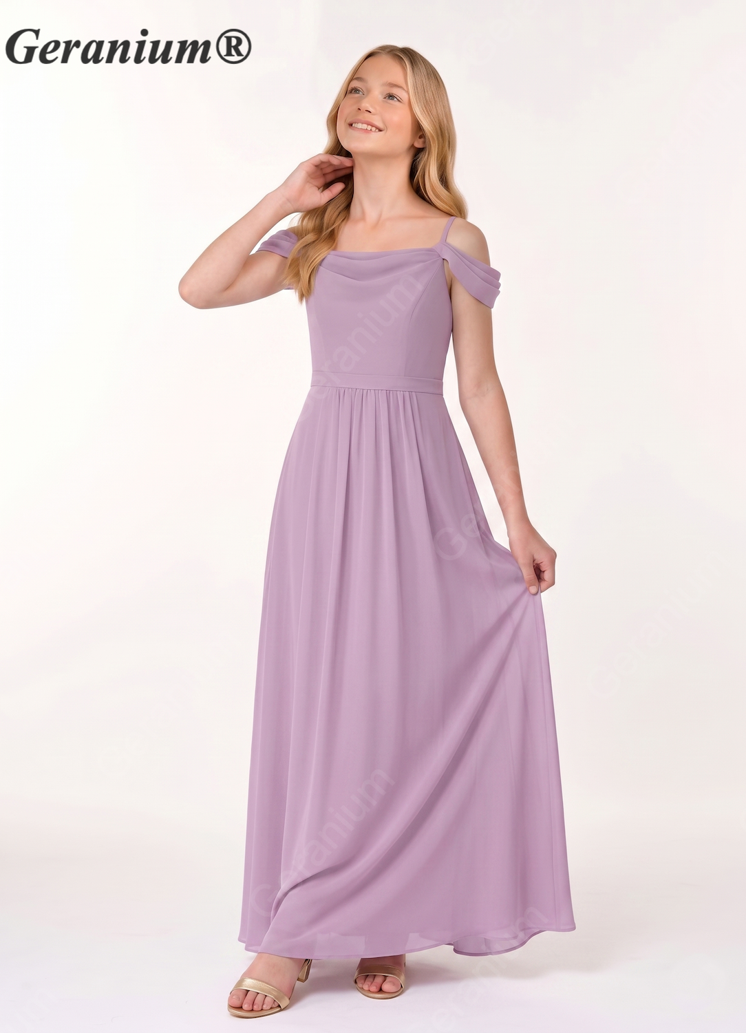 Geranium Junior Lavender Chiffon Off-Shoulder Bridesmaid Dress – A-Line Floor Length KD-58