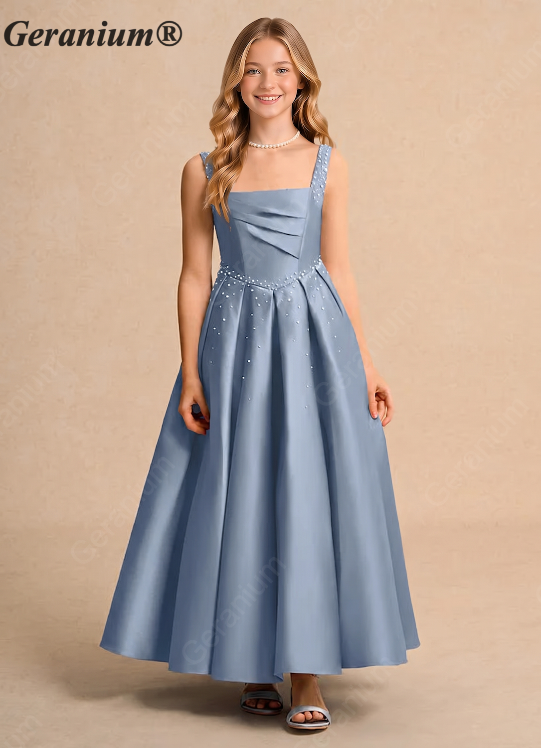 Geranium Elegant Dusty Blue Satin Flower Girl Dress - Pearl Beaded Junior Bridesmaid Gown KD-299 Main image
