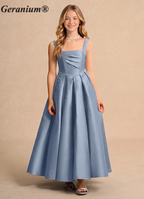 Geranium Elegant Dusty Blue Satin Flower Girl Dress - Pearl Beaded Junior Bridesmaid Gown KD-299