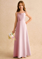 Geranium Dusty Rose Satin A-Line Flower Girl Dress with Bow Back – Spaghetti Strap Junior Bridesmaid Maxi Dress KD-150