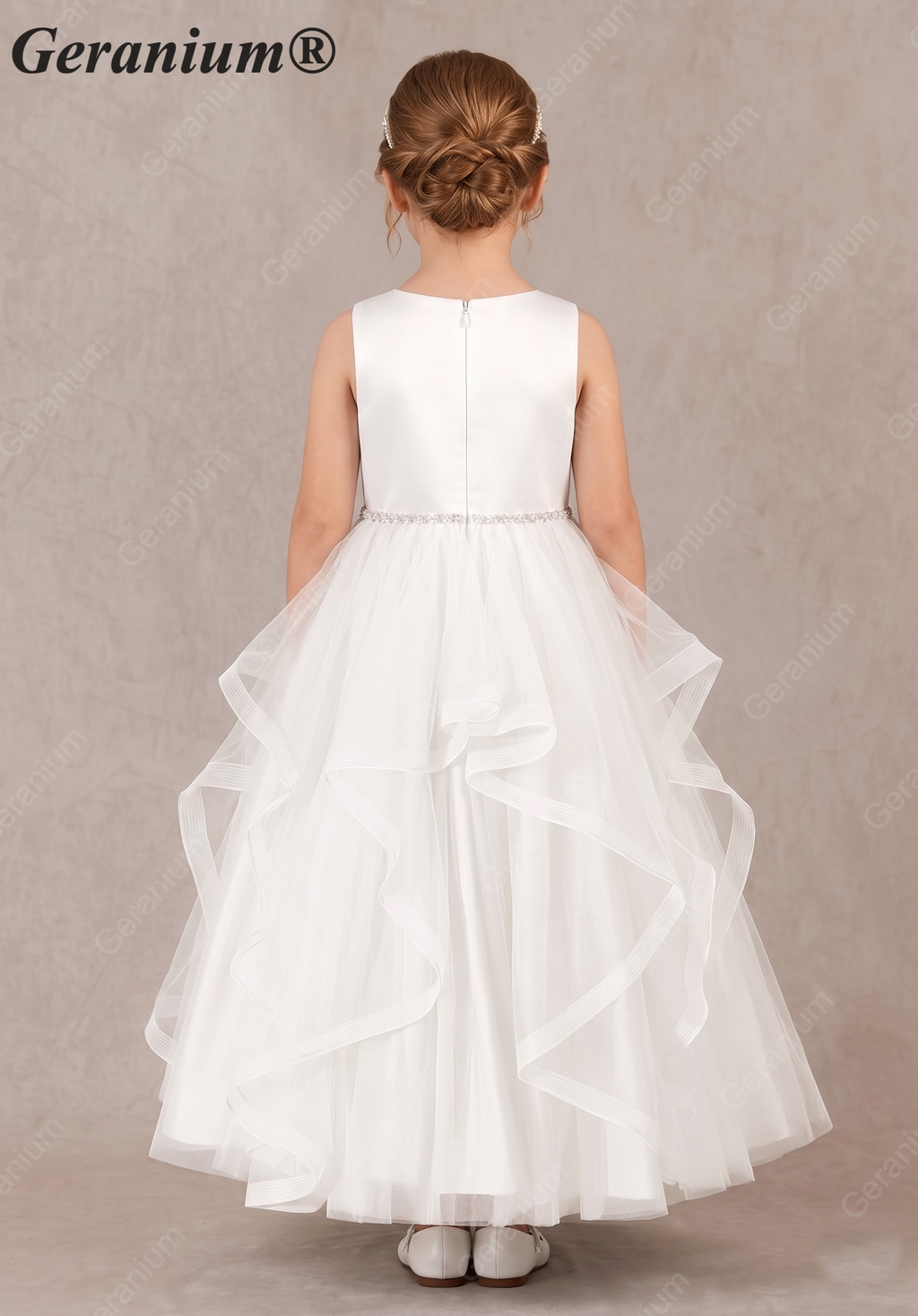 Geranium Sweet Princess Flower Girl Dress - Cascading Tulle Ruffles with Pearl Beaded Waistband KD-262