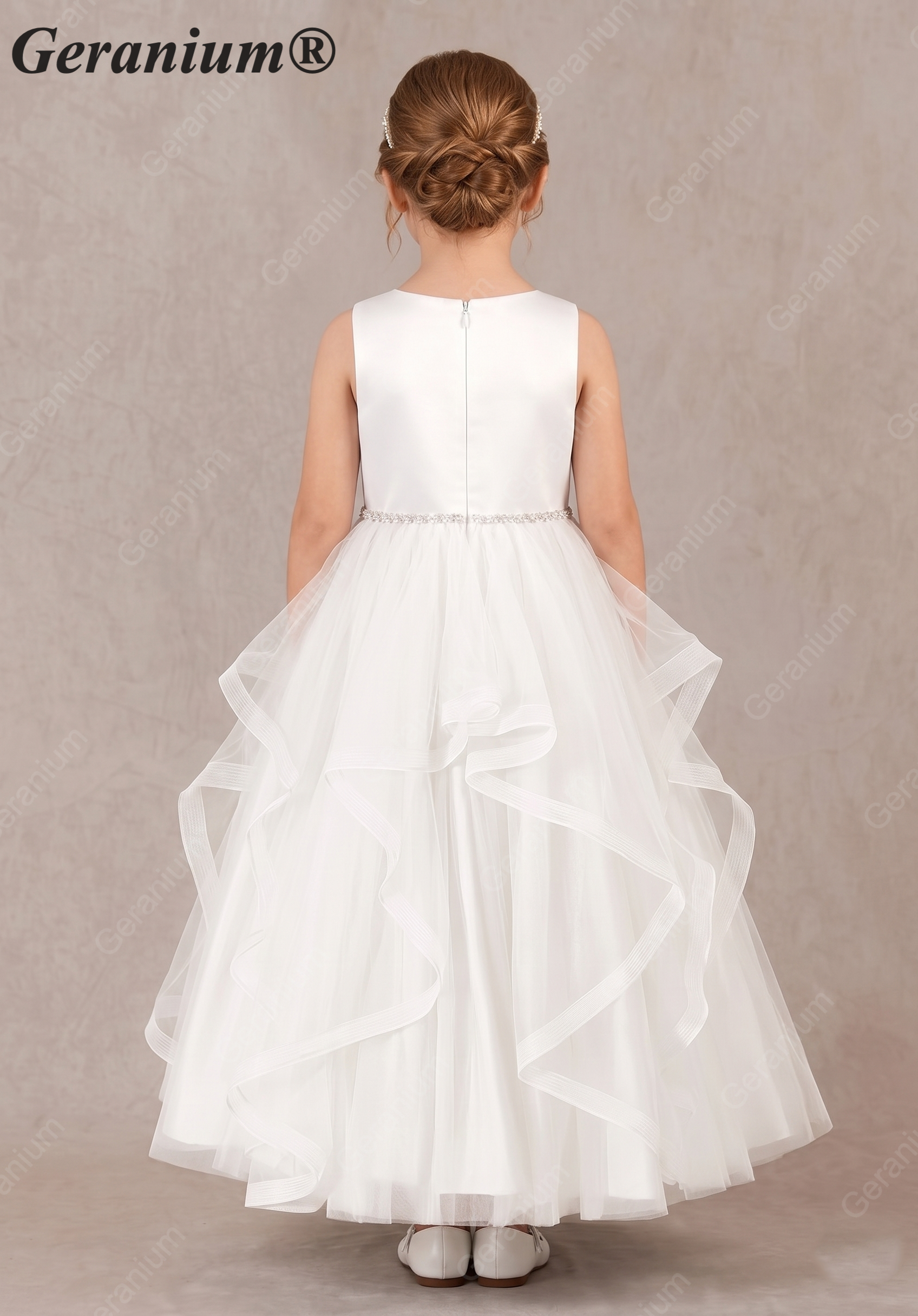 Geranium Sweet Princess Flower Girl Dress - Cascading Tulle Ruffles with Pearl Beaded Waistband KD-262