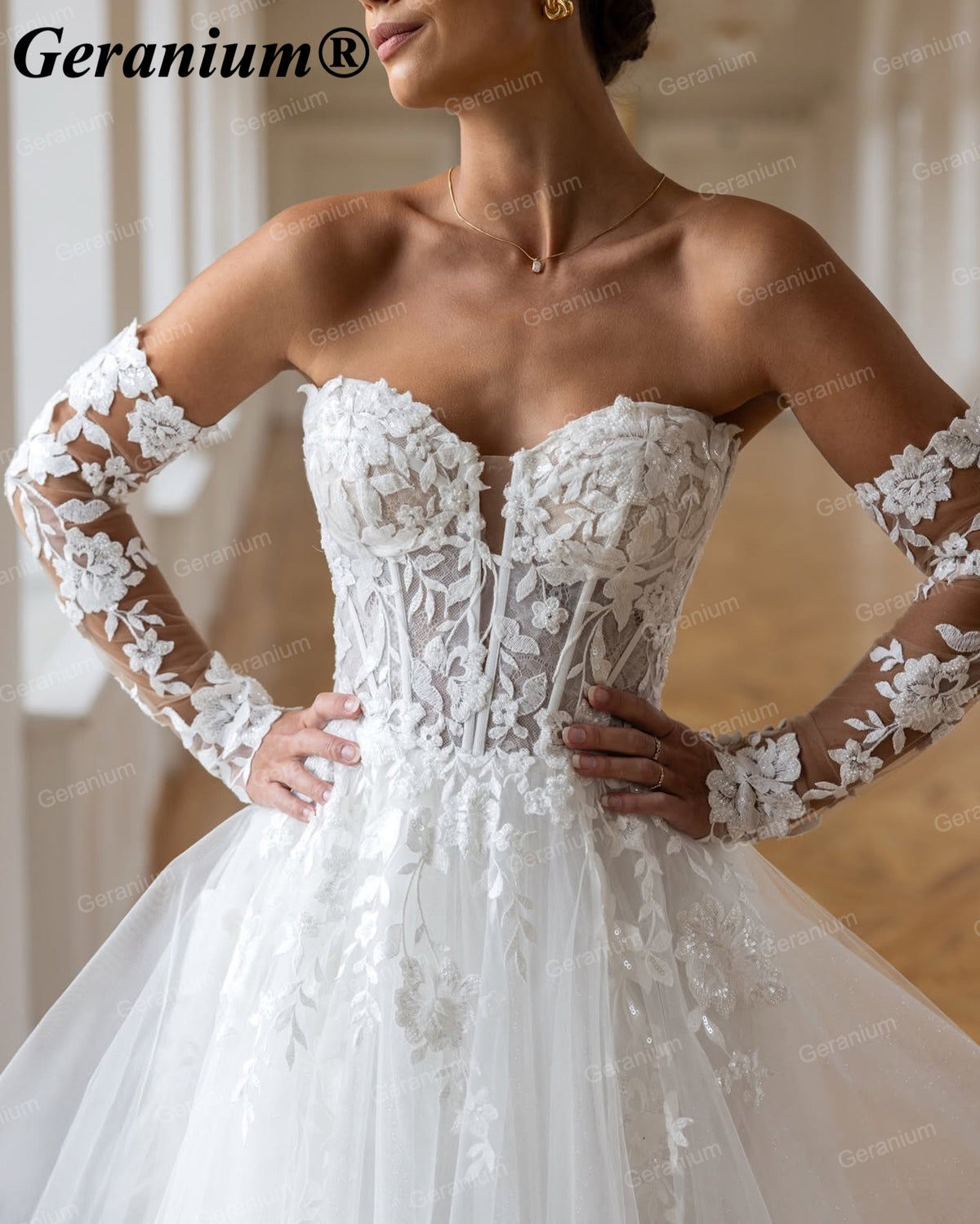 GERANIUM Strapless Lace Ball Gown Wedding Dress with Detachable Sleeves GER52