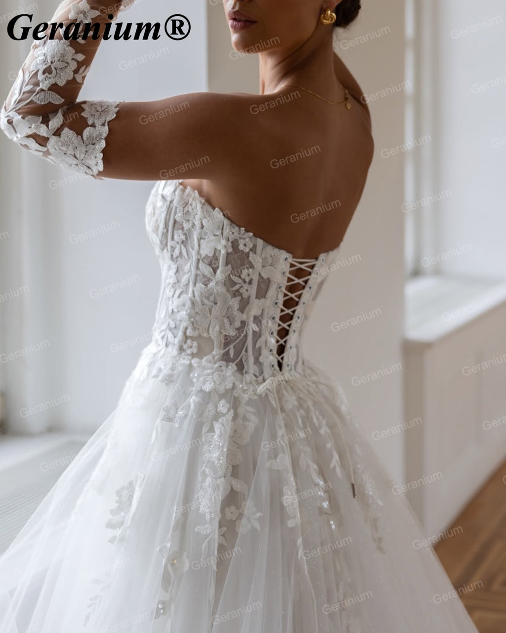 GERANIUM Strapless Lace Ball Gown Wedding Dress with Detachable Sleeves GER52