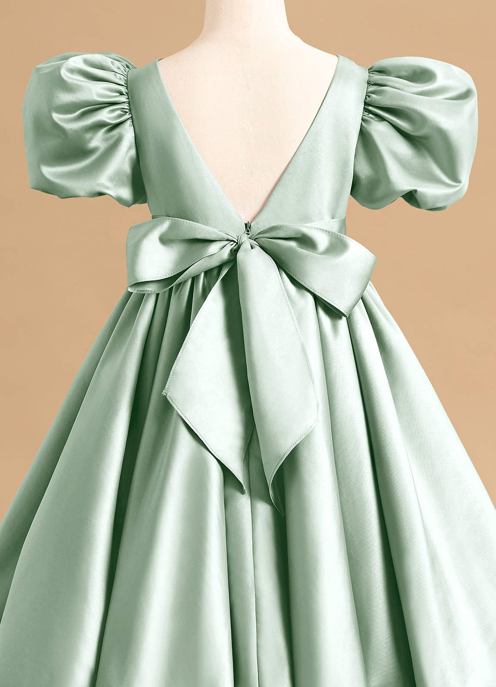 Geranium Elegant Sage Green Bubble Hem Flower Girl Dress with Puff Sleeves & Oversized Back Bow KD-241