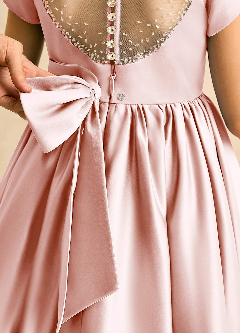 Geranium Elegant Pink Satin Flower Girl Dress - Pearl Illusion Back with Detachable Oversized Bow, Sleeveless Princess Gown for Weddings & Parties KD-239