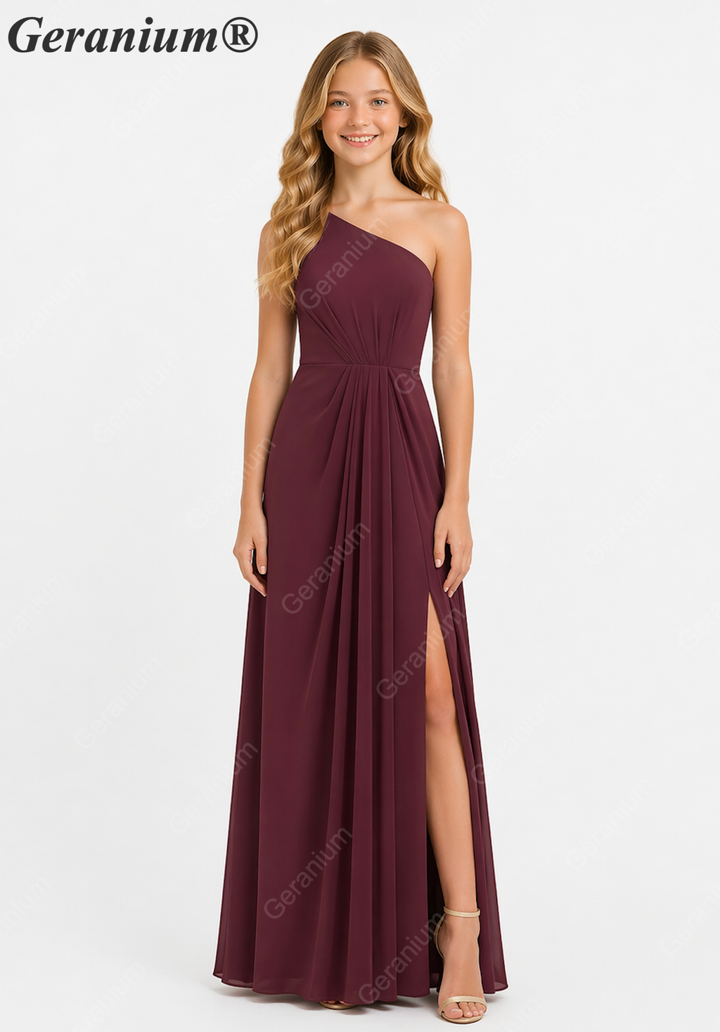 Geranium Elegant One-Shoulder Pleated Chiffon Junior Bridesmaid Dress with Side Slit KD-317