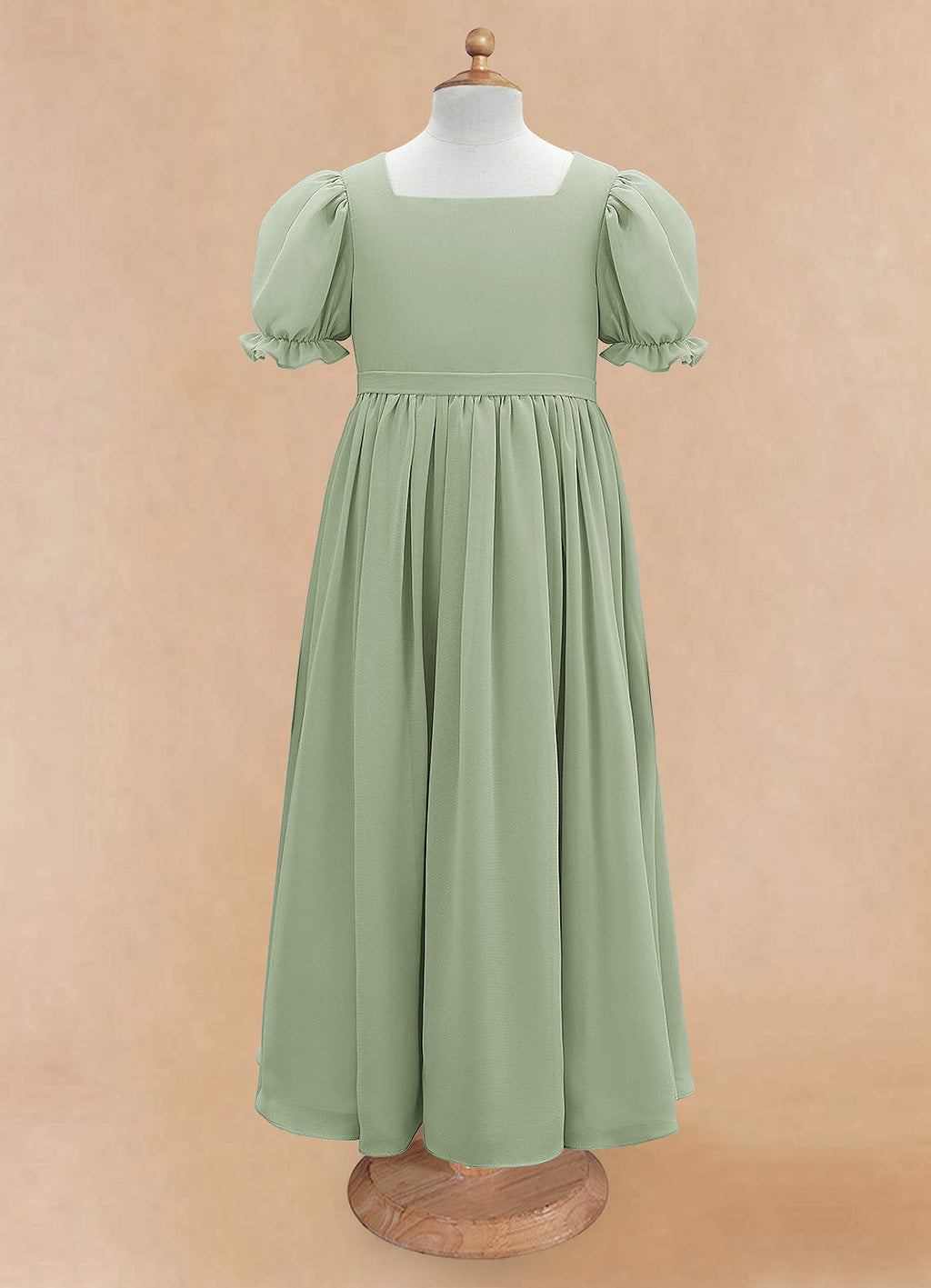 Geranium Sage Green Chiffon Flower Girl Dress with Puff Sleeves - Square Neck Junior Bridesmaid Party Gown KD-178