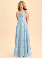 Geranium Dusty Blue Jacquard A-Line Long Dress with Bow Back – Spaghetti Strap Elegant Teen Formal Dress KD-76