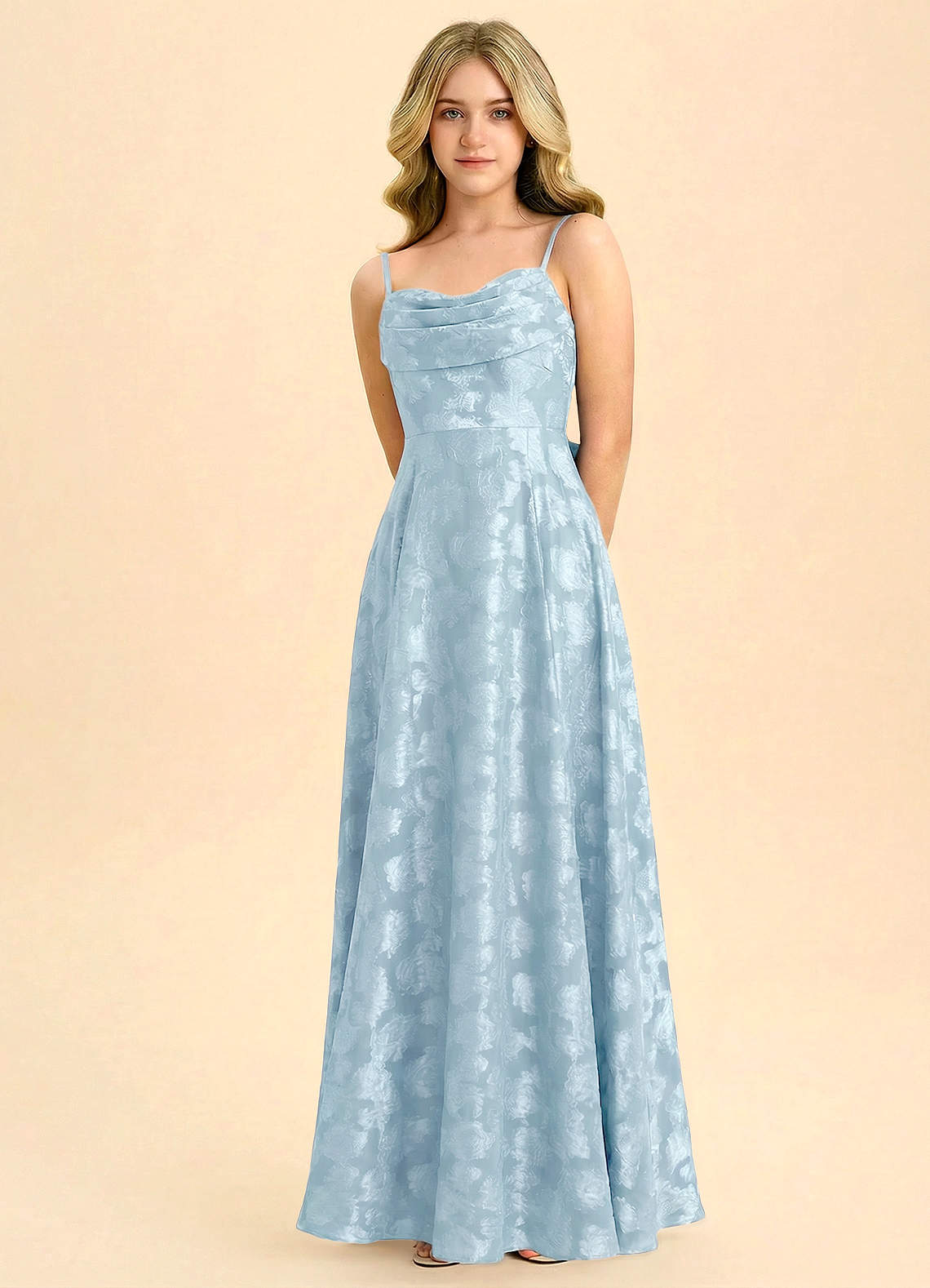 Geranium Dusty Blue Jacquard A-Line Long Dress with Bow Back – Spaghetti Strap Elegant Teen Formal Dress KD-76