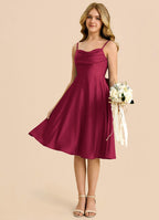 Geranium Burgundy Satin Junior Bridesmaid Dress with Spaghetti Straps & Bow Back – Knee Length A-Line Party Dress KD-78
