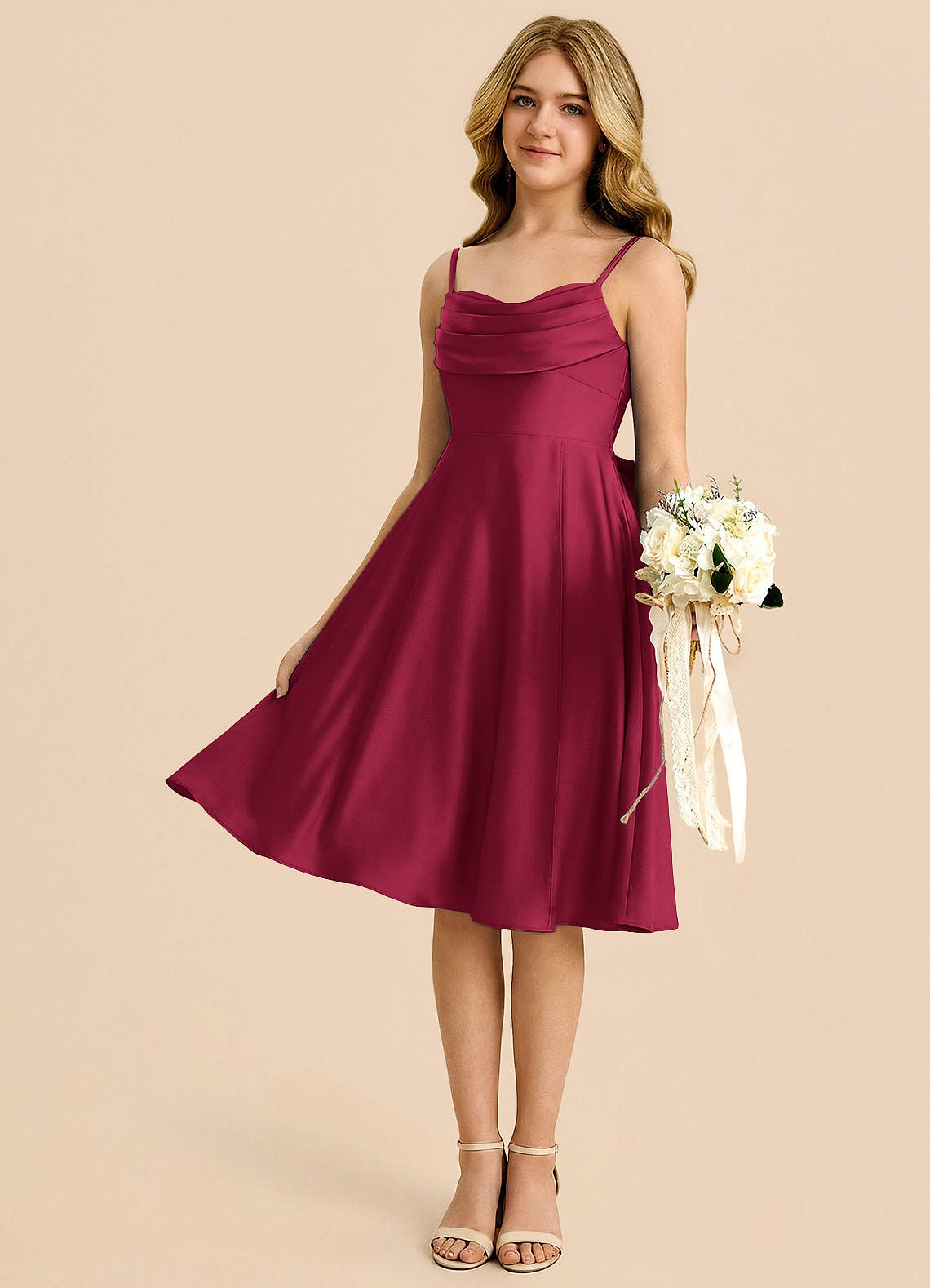 Geranium Burgundy Satin Junior Bridesmaid Dress with Spaghetti Straps & Bow Back – Knee Length A-Line Party Dress KD-78