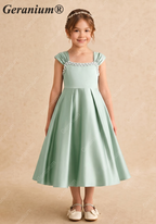 Geranium Elegant Pearl-Beaded Sage Green Satin Flower Girl Dress - Pleated A-Line Princess Party Gown for Kids KD-211