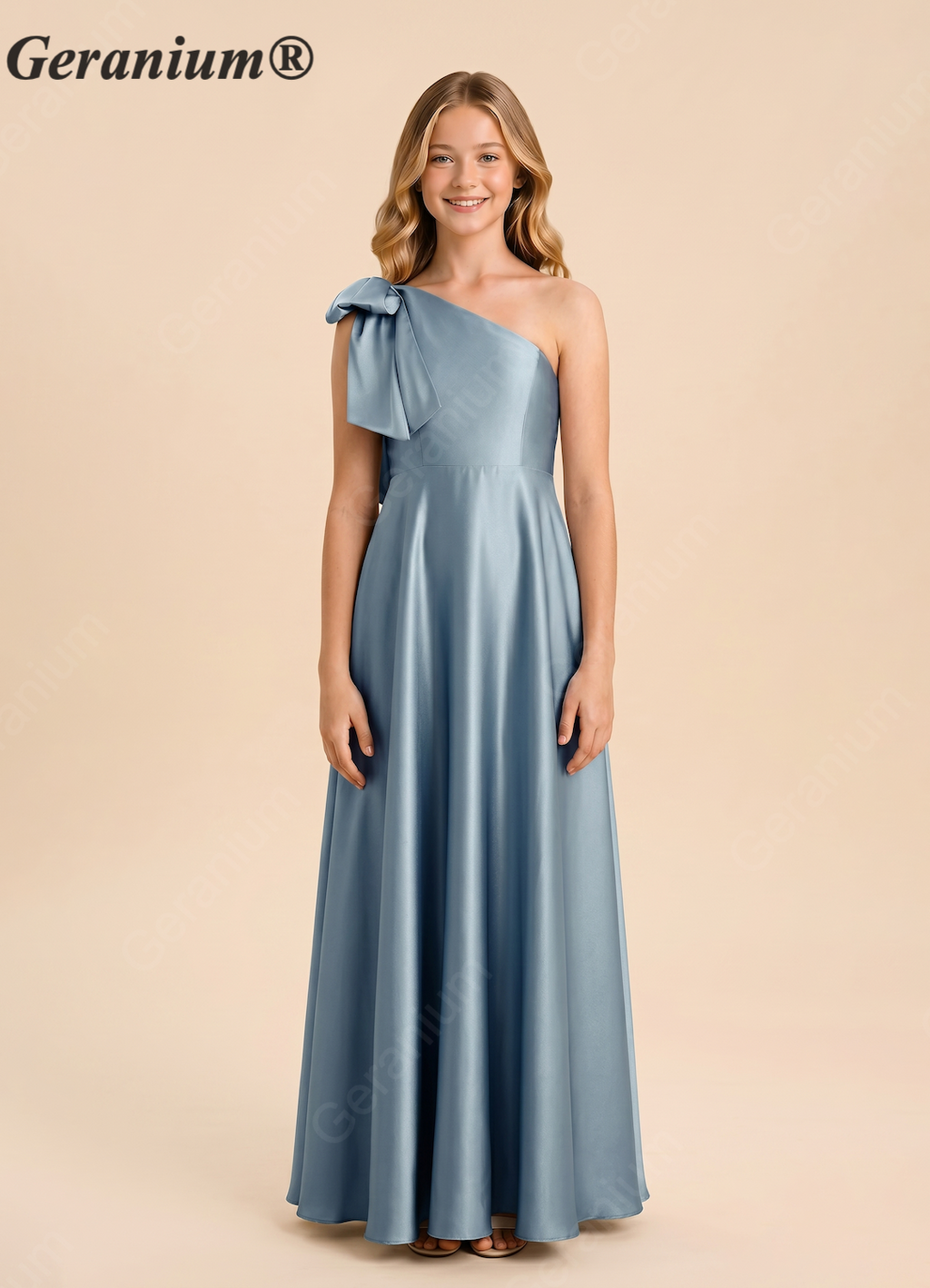 Geranium Elegant One-Shoulder Satin Junior Bridesmaid Dress with Bow KD-140