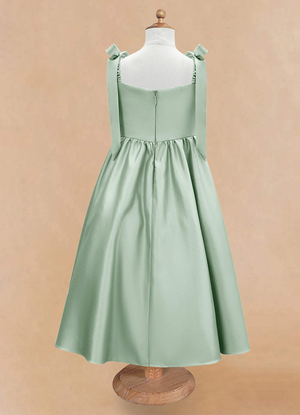 Gearanium Girls Sage Green Satin Flower Girl Dress - Tie-Shoulder A-Line Party Gown KD-288