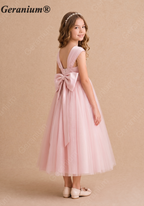 Geranium Elegant Blush Pink Satin and Tulle Flower Girl Dress with Oversized Back Bow KD-184J