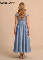 Geranium Junior Off Shoulder Satin A-Line Flower Girl Dress Dusty Blue Tea Length Wedding Party Dress for Girls KD-60
