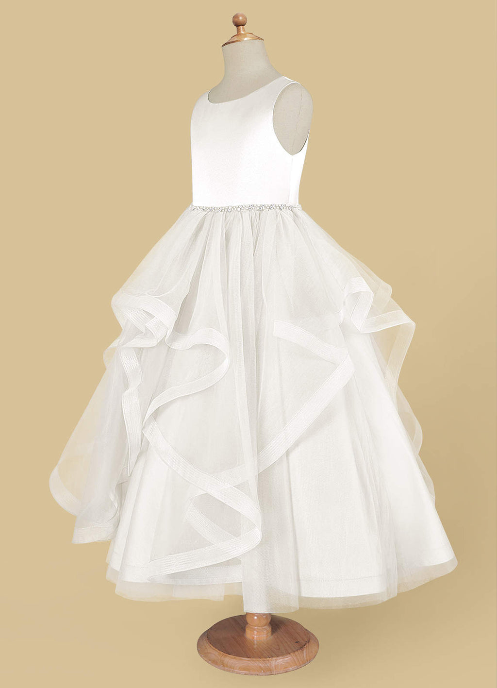 Geranium Sweet Princess Flower Girl Dress - Cascading Tulle Ruffles with Pearl Beaded Waistband KD-262