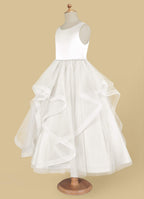 Geranium Sweet Princess Flower Girl Dress - Cascading Tulle Ruffles with Pearl Beaded Waistband KD-262